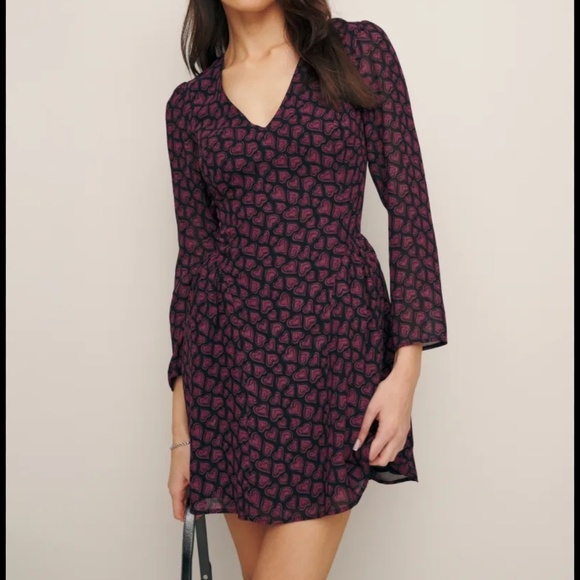 NWT Reformation Tamsin Mini Dress Bon Bon Pink Hearts Motif Long Sleeve Size 12 - Picture 1 of 16